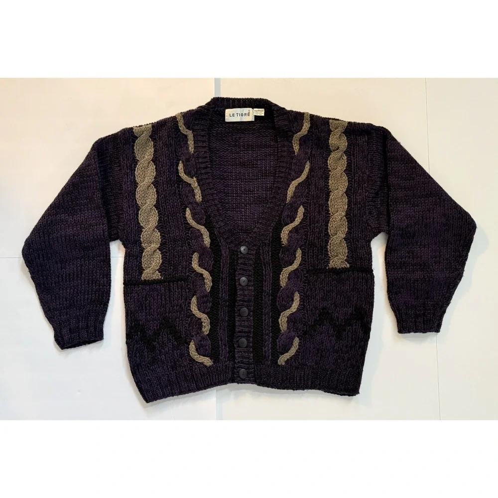 Vintage Le Tigre Cardigan Purple and Brown XL Chunky Knit Cosby Grandpacore